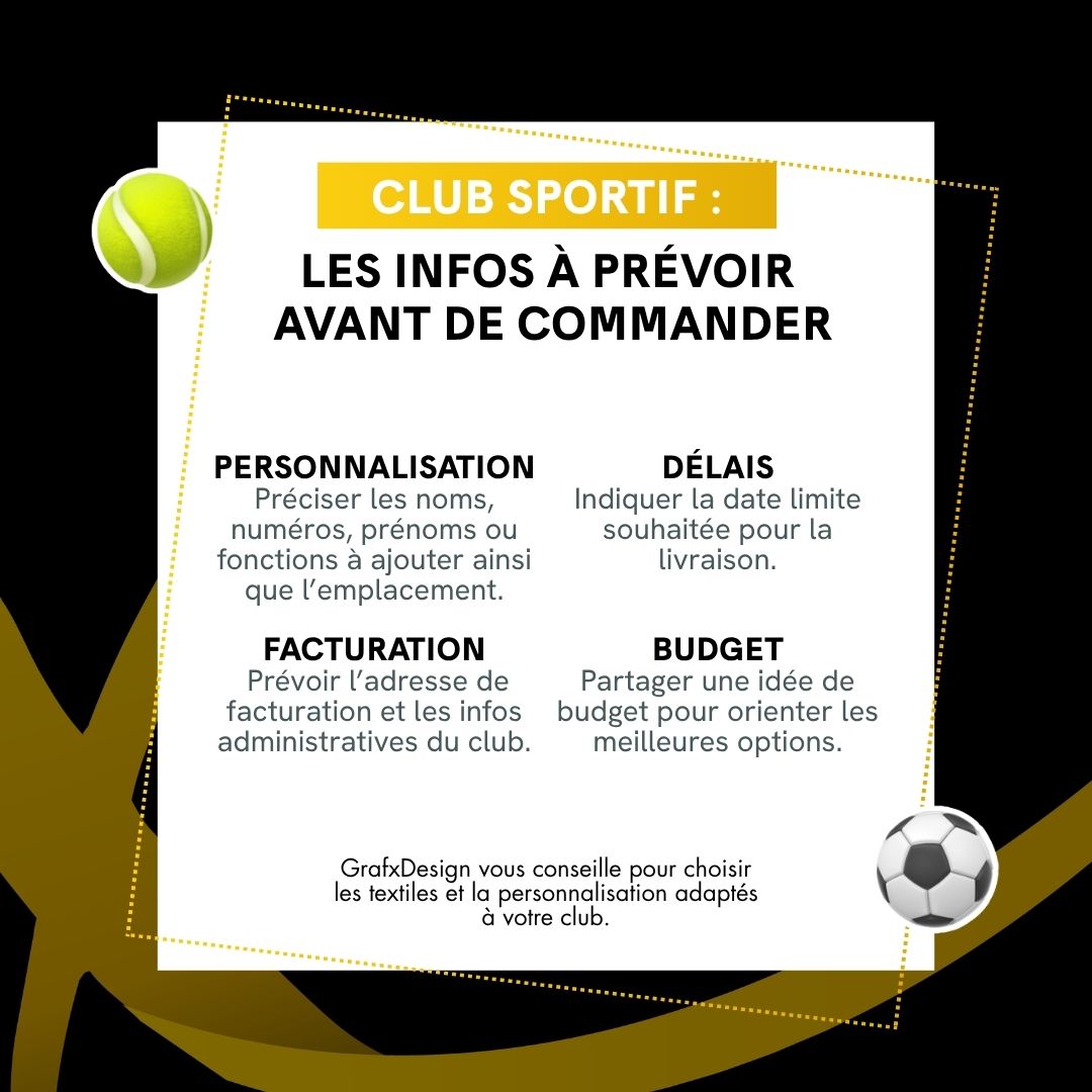 Checklist des personnalisations, délais, facturation et budget pour une commande textile de club sportif